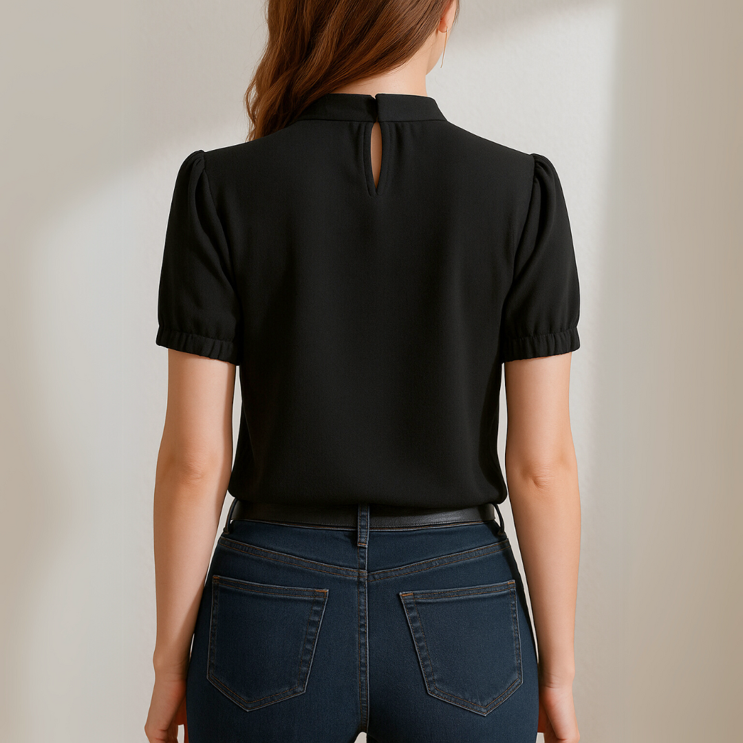 Inge™ | Sort Plisseret Bluse Med Splittede Ærmer